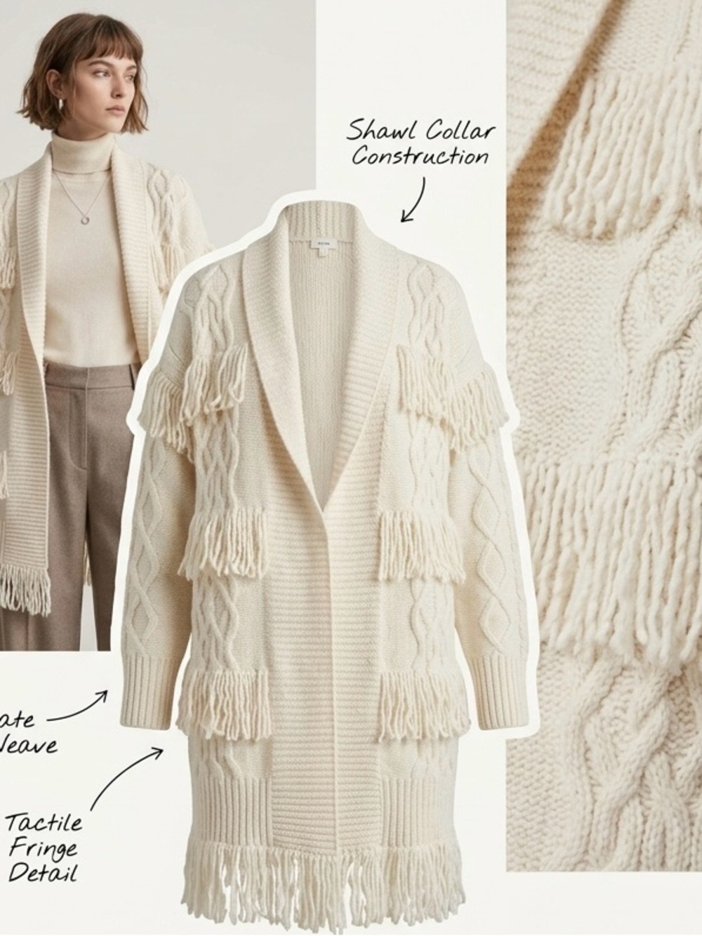 River Island Ivory Shawl Collar Fringe Cable Knit Cardigan ultimate style - Picture 2 of 6
